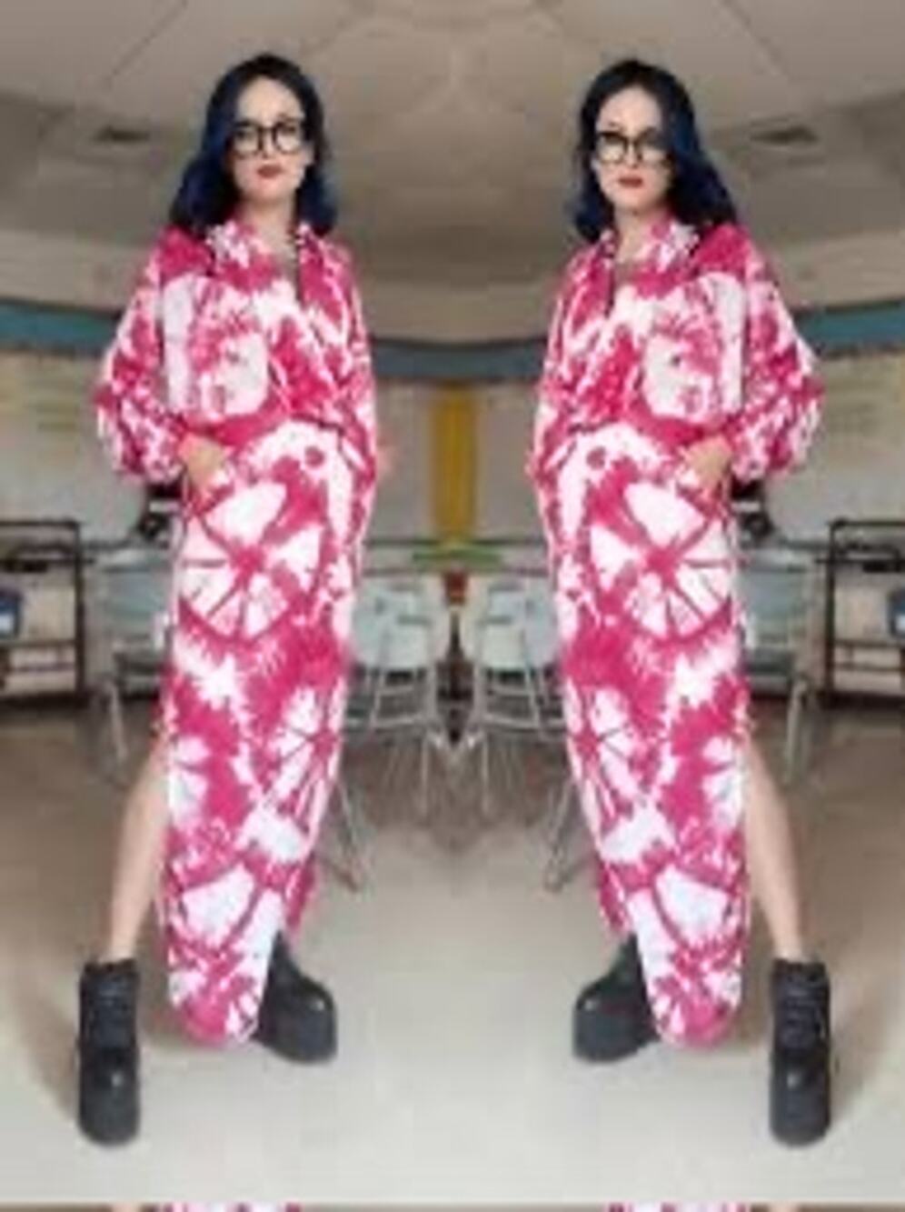 S/W/F Pink Magenta Tie-Dye Deep Plunge V-Neck Maxi Side Slit Dress Size Medium